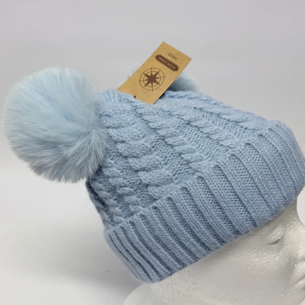 James Paul Youth Light Blue Cable Knit Double Pom Beanie Heart Detail New